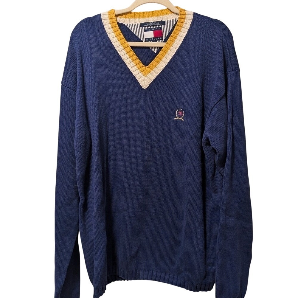 Tommy Hilfiger V-Neck Sweater Mens Large Navy Blue Collegiate‎ Stripe Crest Logo